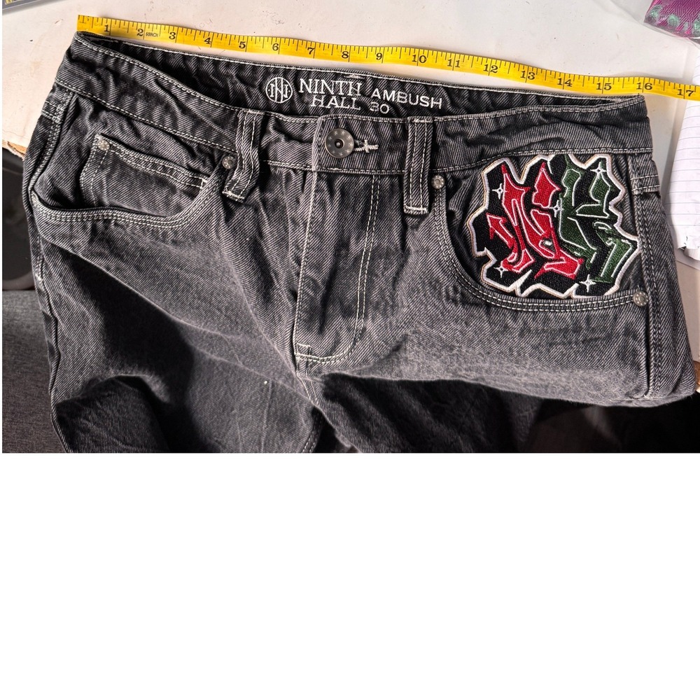 Ninth Hall Ambush Baggy Jeans Washed Black Embroidered Skater Mens 30 Streetwear - Picture 7 of 7